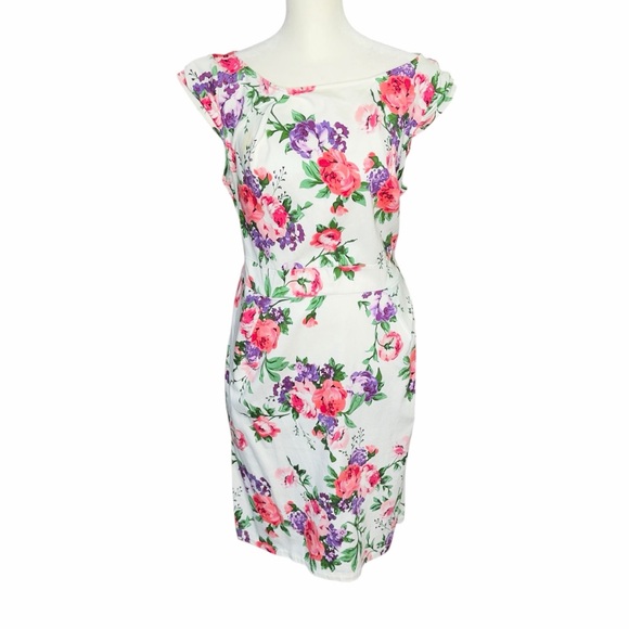 Belle Pogue Dresses & Skirts - Belle Poque Floral Sweetheart Retro 50s Dress in White with Pink & Purple Blooms
